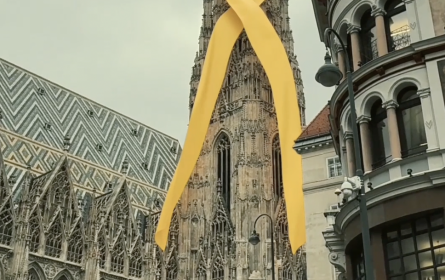 Physixe und Kinderkrebshilfe mit Schleife auf Wiener Sehenswürdigkeiten anlässlich des Tag des Kinderkrebses